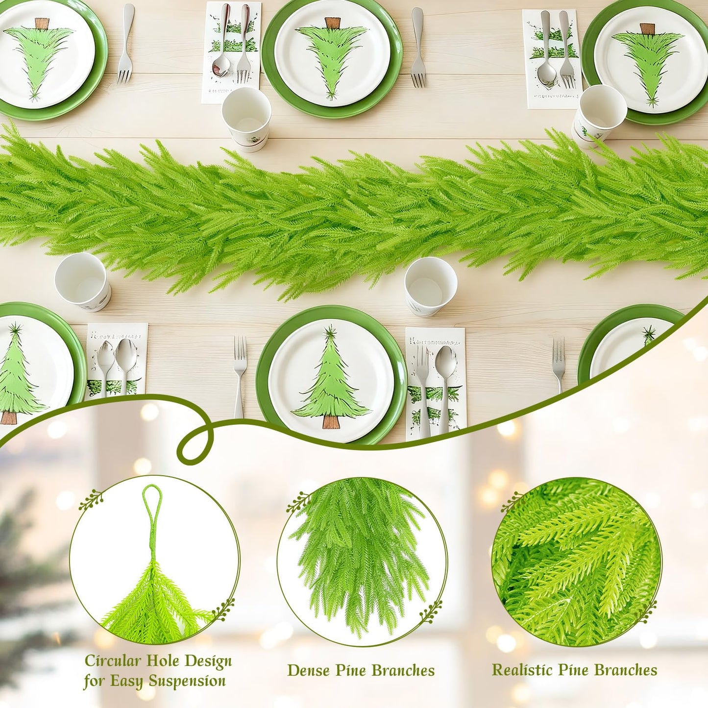 N&T NIETING Christmas Garland Norfolk Pine Garland Real Touch Artificial Christmas Lime Green Xmas Garland for Mantle,Table Holiday Fireplace Staircase Indoor Outdoor Christmas Decorations (9 FT)