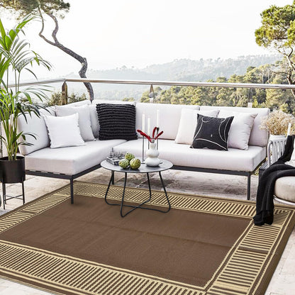GAOMON 10x20 Waterproof Outdoor Rug Reversible Plastic Straw Rug Patio Camping Rugs, Lightweight UV Resistant RV Mat Foldable Stain Resistant Outside Carpet for Beach, Balcony, Porch,Border-Brown