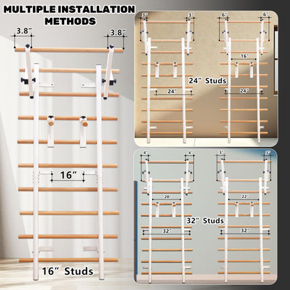 PreGymnastic Stall Bars, Swedish Ladder for Adult and Kids, Wall Bar with Solid Beech Wood Rods, Durable Steel Frame, Adjustable Pull Up and Dip for Strength, Flexibility at Home Gym, Studio