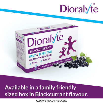 Dioralyte - Fast and Effective Supplement Treatment for Reducing Dehydration and Replacing Electrolytes (mineral salts) of Lost Body Water and Salts- Blackcurrant Flavour - 20 Sachets
