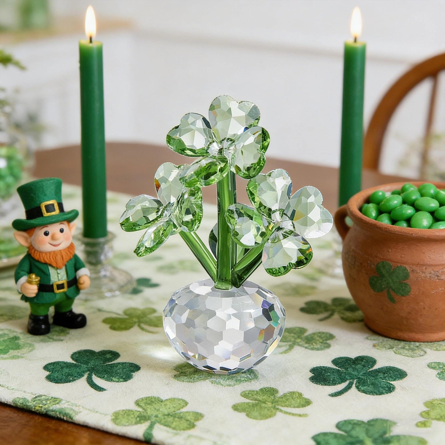 QFkris Crystal Flower Dreams Four-Leaf Clover Figurine Collectibles, 3.7" Glass Flower Statues for Home Decor Centerpiece, Gift for Mothers Day, Thanksgiving, St. Patrick's Day