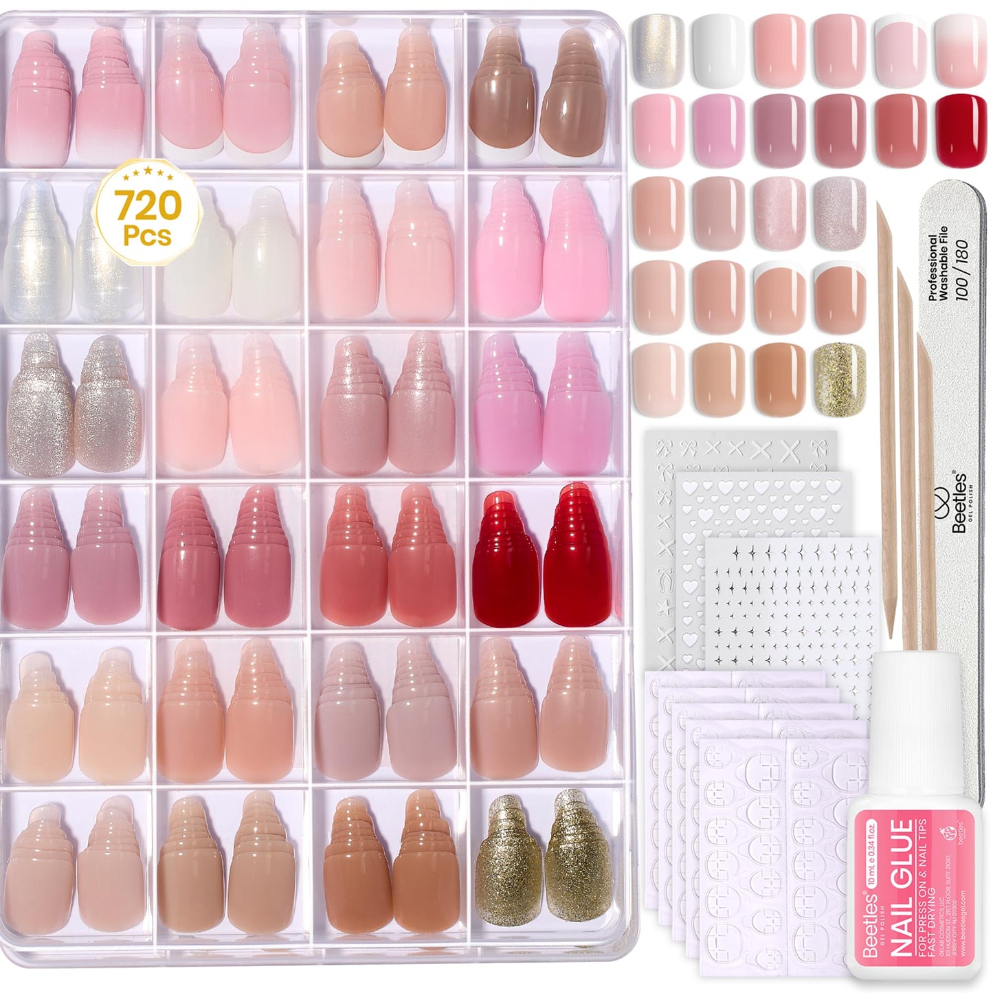Beetles Press on Nails Kit 720Pcs 24 Colors, Press on Nails Short Almond Glossy Matte Glitter With Nail Glue & Nail Tabs Stickers, Natural Fit Lightweight Fake Nails Kit Art For Women Girls