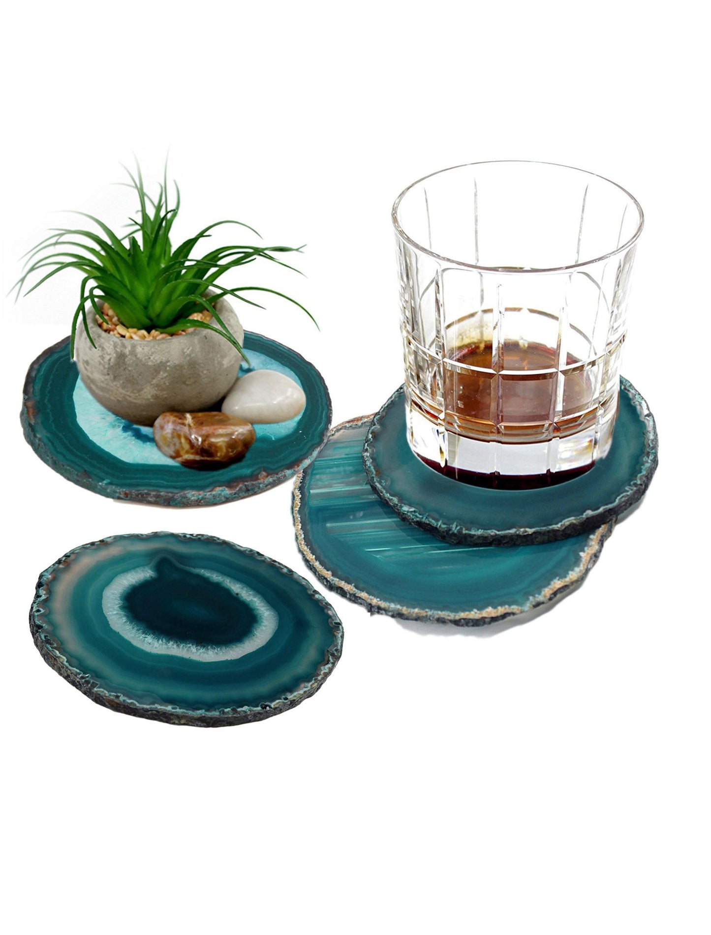 AMOYSTONE Teal Agate Coasters Set of 4, 3-3.5 Inch Handcrafted Slices, Lightweight Stone Coasters, for Teen Girl, College Dorm Room Decor