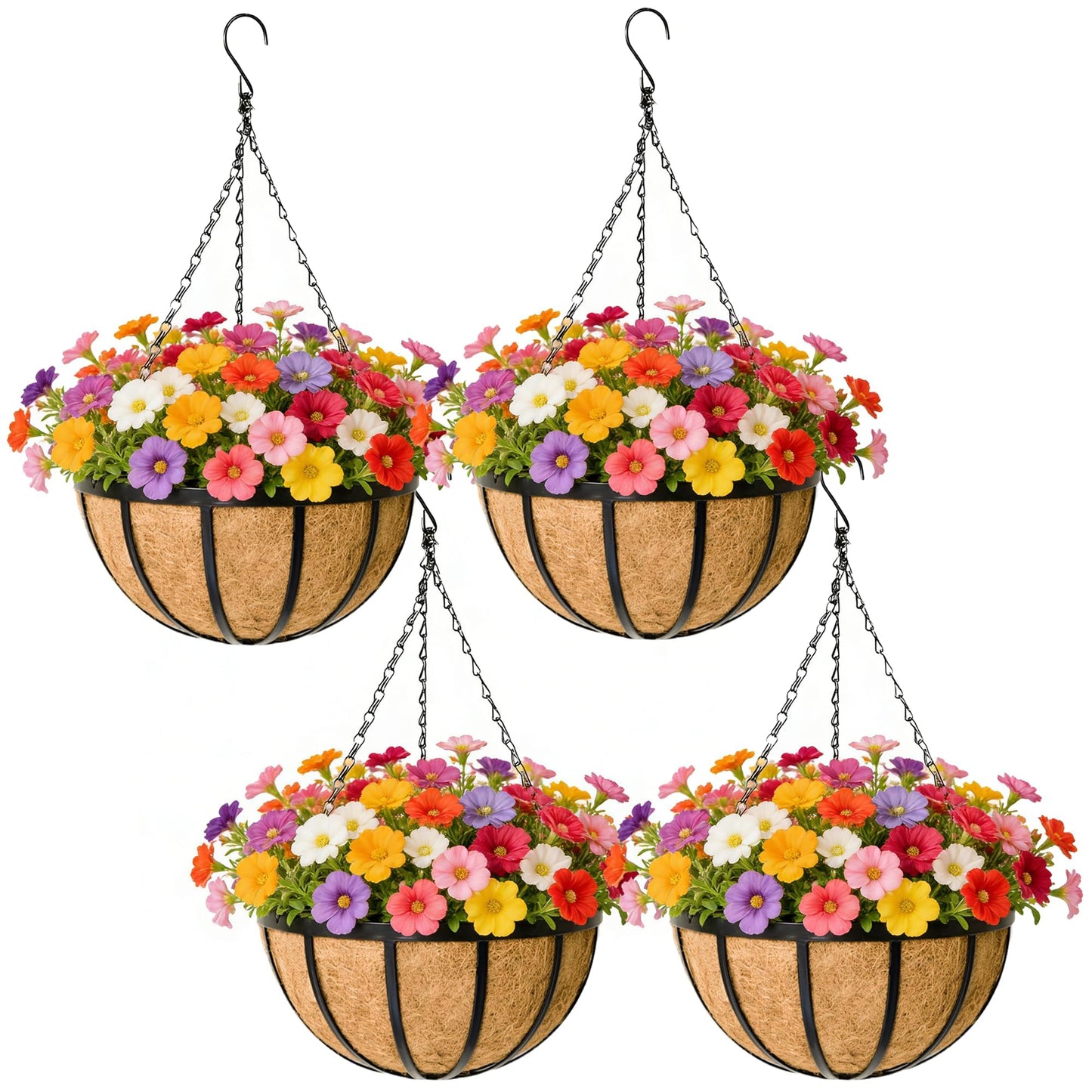 Black Flat Iron Metal Hanging Planter Basket with Coco Coir Liner(4 Pack, 16 Inch) Hanging Planters for Outdoor Plants Round Plant Flower Pots Hanging Flower Basket for Outdoor Patio Garden Decoration