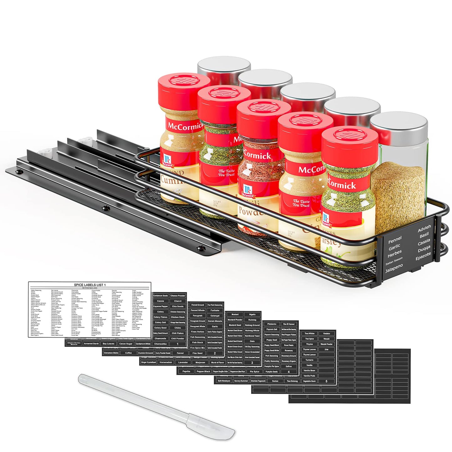 SpaceAid Pull Out Spice Rack Organizer for Cabinet, Heavy Duty Slide Out Seasoning Kitchen Organizer, Cabinet Organizer, with Labels, 4.5" W x10.75 D x8.5 H, 1 Drawer 2-Tier