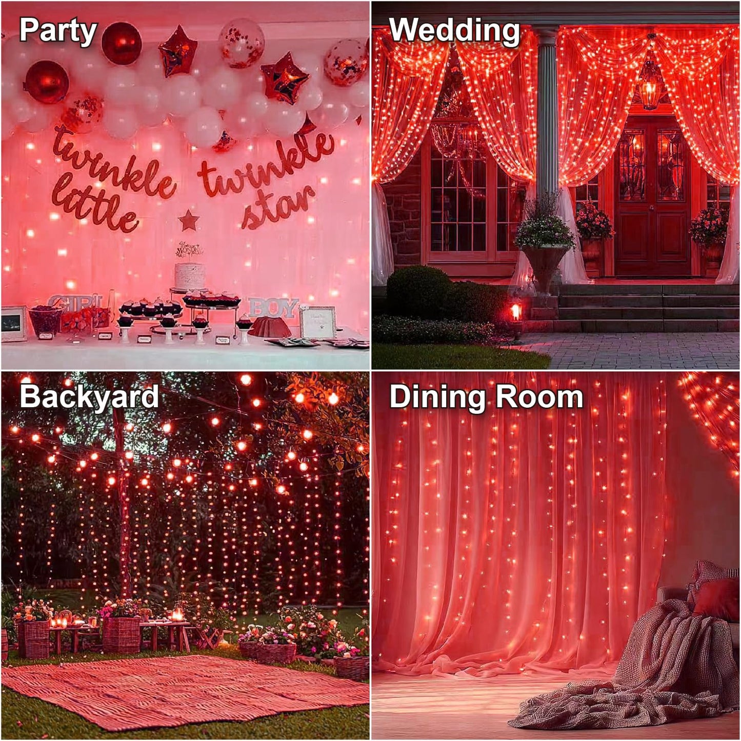 HXWEIYE 300LED Fairy Curtain Lights, 9.8x9.8Ft USB Plug-in 8 Modes Christmas String Hanging Lights with Remote for Bedroom Backdrop Wedding Indoor Wall Decor, Red, Standard – 1 Pack