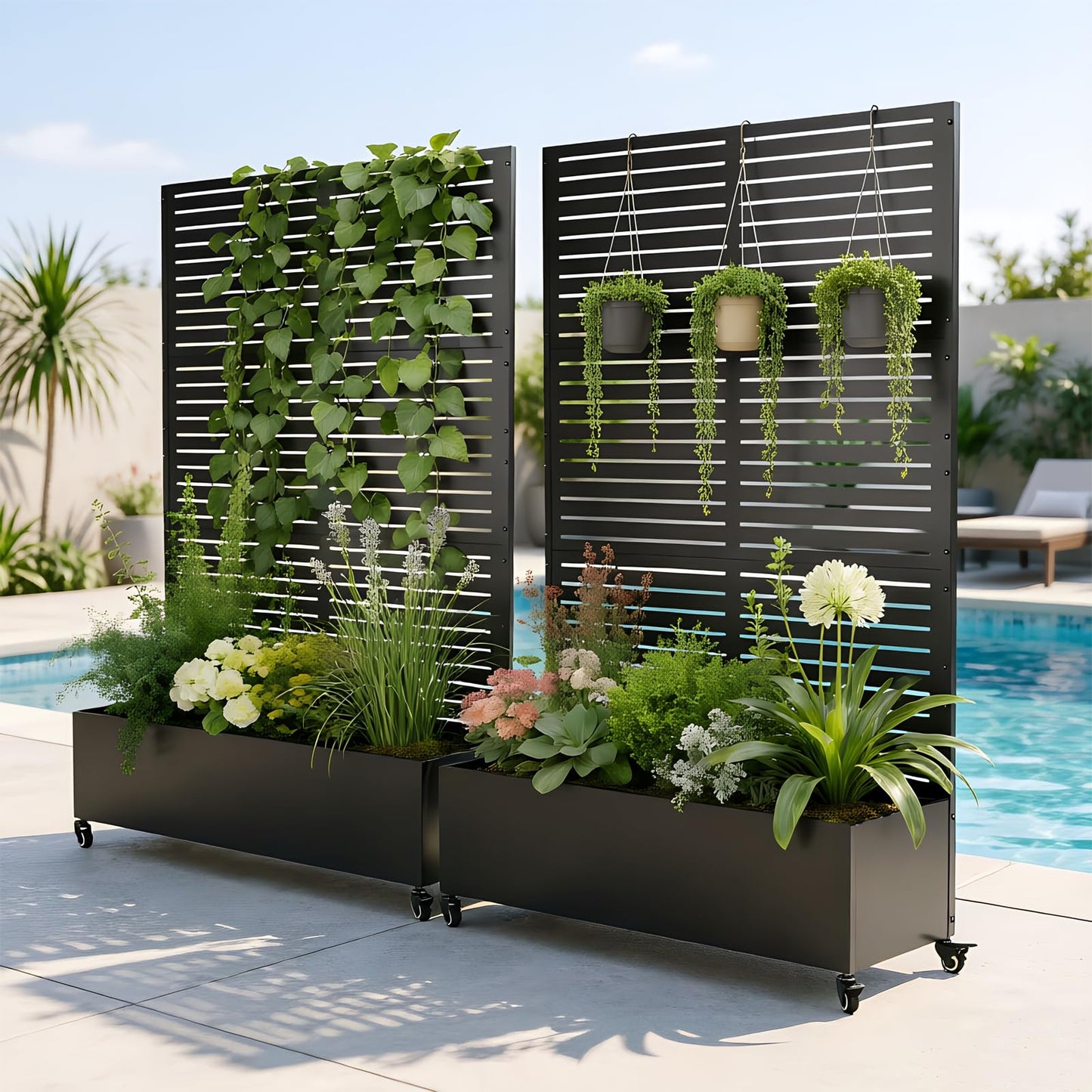 Baotree Metal Raised Garden Planter Bed, 72"x47"x16" Outdoor Planter Box with Trellis and Wheels for Climbing Plants, Vegetables & Vines, Features Drainage Holes and Privacy Screen (Black-Louvered)
