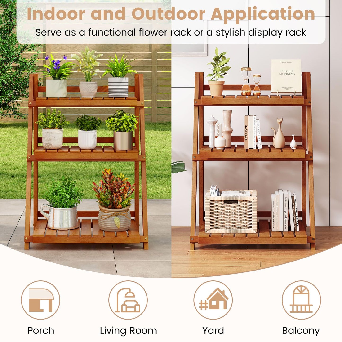 Giantex Foldable Ladder Plant Shelf, 3-Tier Solid Wood Indoor Outdoor Flower Pot Display Rack, Corner Storage Bookshelf, Freestanding Tiered Plant Stand for Garden Patio Balcony, No Assembly