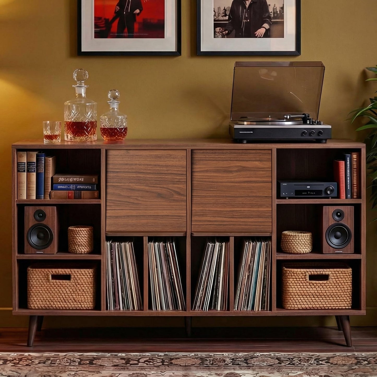 IRONCK Large Record Player Stand 55", Holds 600+ Vinyl Record Storage Cabinet with Charging Station, Mid Century Modern Turntable Stand for Living Room, Bedroom, Brown