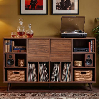 IRONCK Large Record Player Stand 55", Holds 600+ Vinyl Record Storage Cabinet with Charging Station, Mid Century Modern Turntable Stand for Living Room, Bedroom, Brown