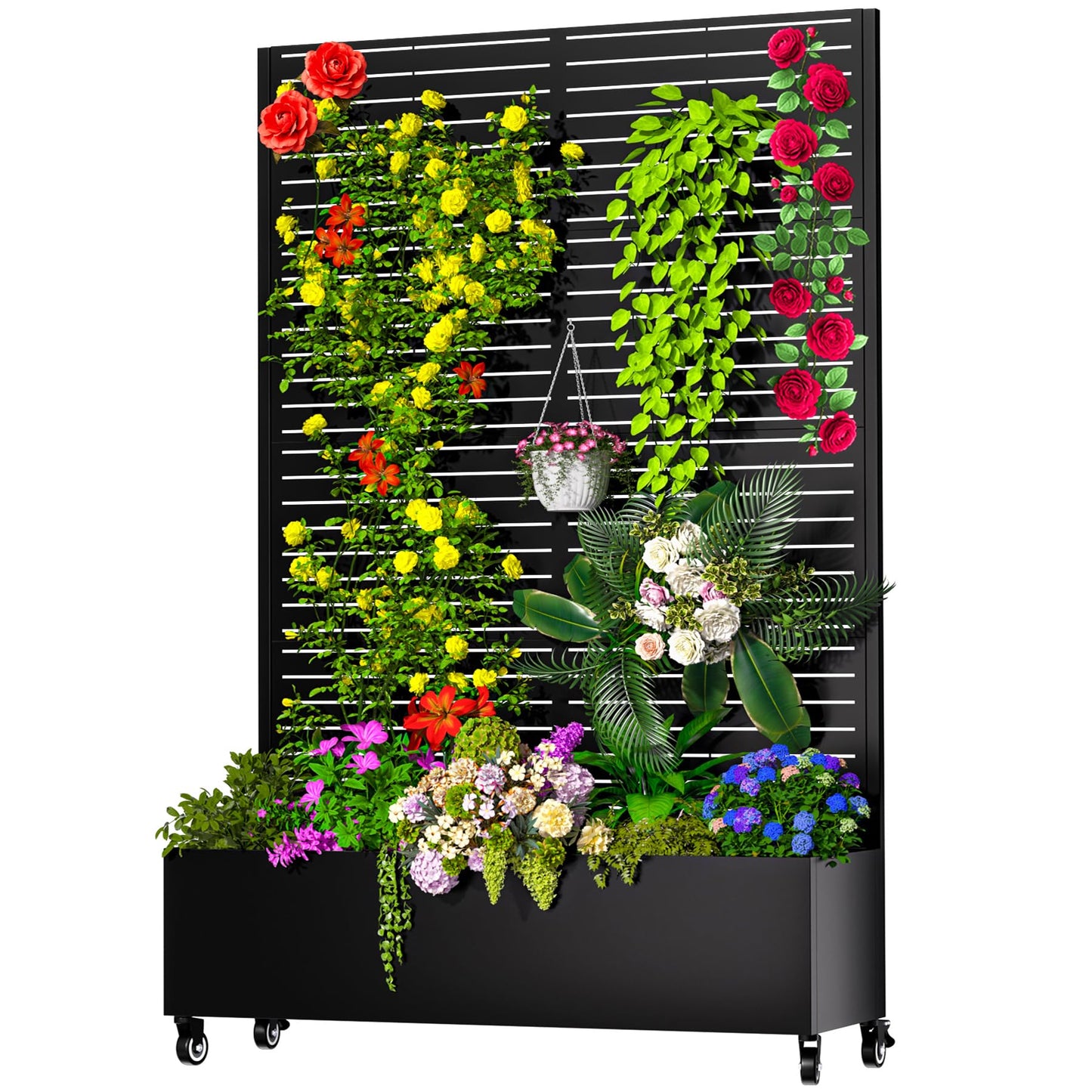 MTART Metal Planter Box with Trellis, 72.1"x47.2"x16" Outdoor Galvanized Raised Garden Bed with Privacy Screen & Drainage Holes & Lockable Casters for Climbing Plants, Vegetable (Louvered-Black1)