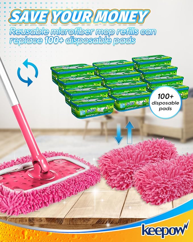 KEEPOW Pink Reusable Dry Sweeping Cloths Microfiber Wet Mop Pads Compatible