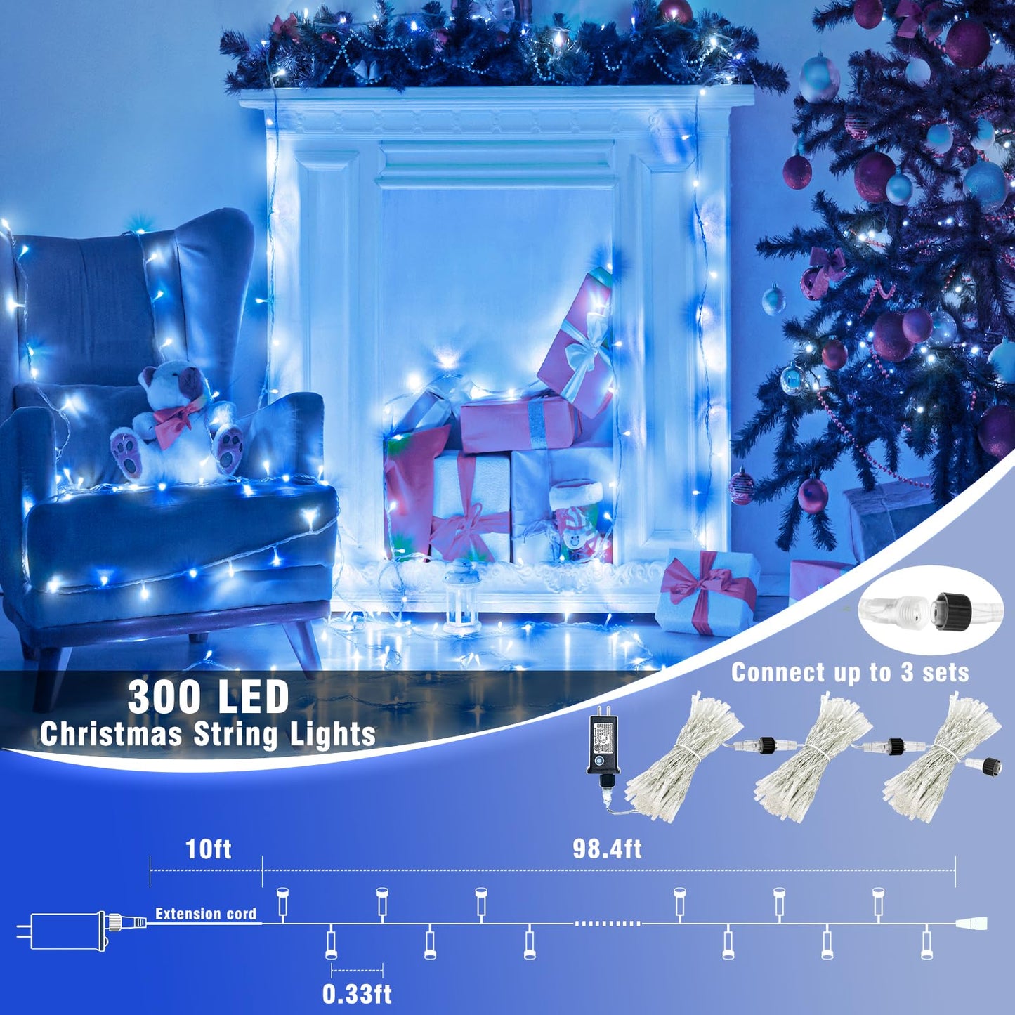 Vivideal 300 LED Christmas Lights Outdoor, 100ft Christmas String Lights 8 Modes Plug in Waterproof Fairy Lights with Timer Memory for Indoor Outside Bedroom Home Party Decoration, Blue&White