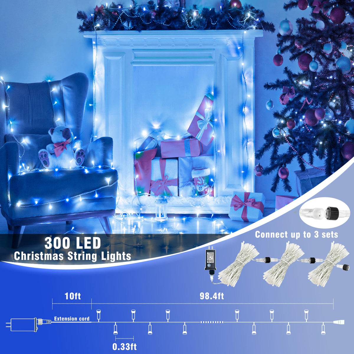 Vivideal 300 LED Christmas Lights Outdoor, 100ft Christmas String Lights 8 Modes Plug in Waterproof Fairy Lights with Timer Memory for Indoor Outside Bedroom Home Party Decoration, Blue&White