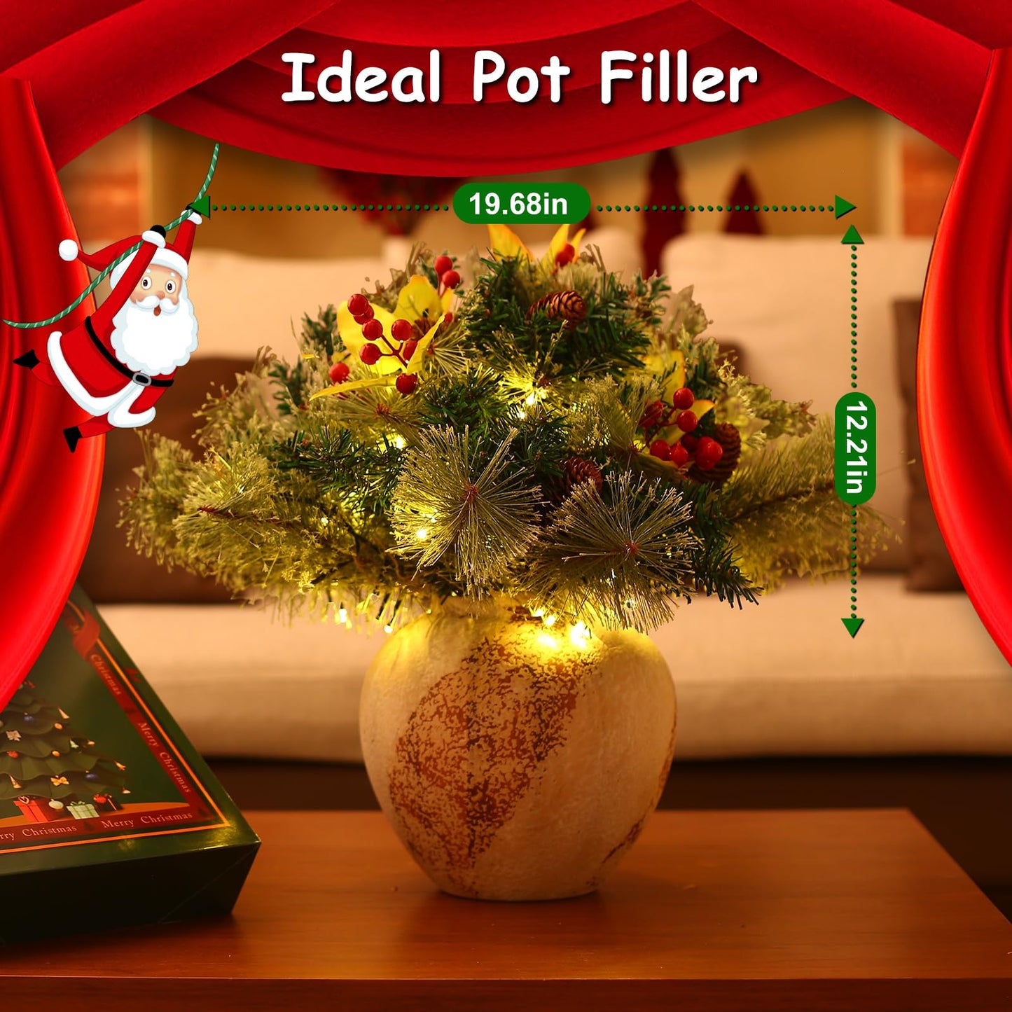 JOYHALO 2 Pack Set 18 Inch Christmas Urn Filler with 60 Warm White Lights, Battery Box with Timer, Xmas Pot Fillers with Branches Berries Pinecones, Outdoor Xmas Trees for Porch Pathway Yard Decor