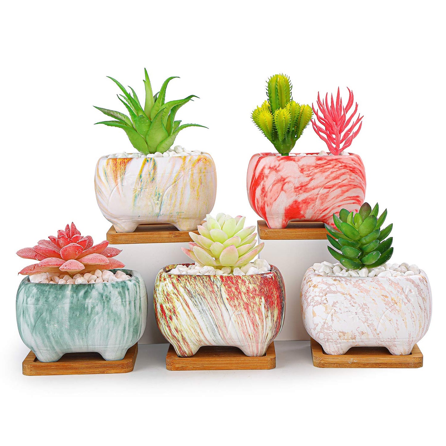 ARTKETTY Succulent Planters, 4.7" Small Succulent Pots with Drainage Rectangular Cactus Planter with Bamboo Trays Ceramic Pots for Indoor Flower Plants Set of 5