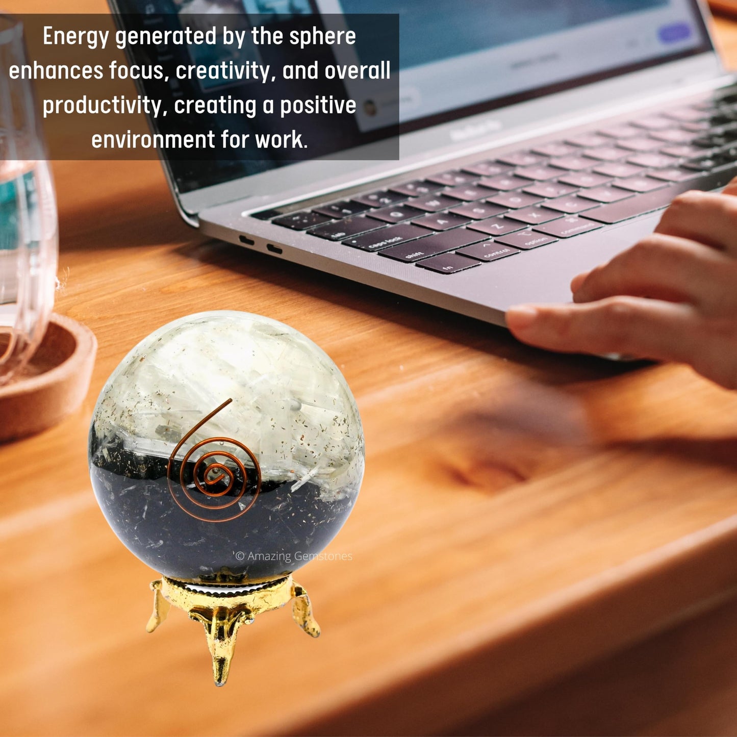 Amazing Gemstone 2.5" Black Tourmaline Selenite Orgonite Orgone Crystal Sphere Ball with Stand - Meditation Crystal Ball for Witchcraft and Decorative Balls - Premium Gemstone Sphere Balls (Layered)