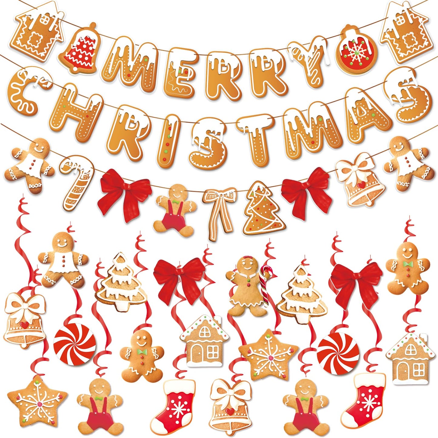 OBBOLO Merry Christmas Banners Gingerbread Theme, Pre-Strung Xmas Party Decorations, with 20 Pcs Gingerbread Men Hanging Swirls for Office Celebrations, School Events, Home Holiday Indoor Decor