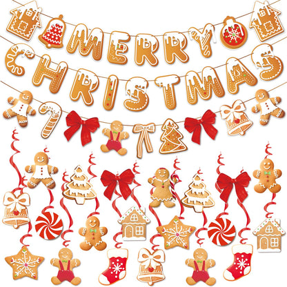 OBBOLO Merry Christmas Banners Gingerbread Theme, Pre-Strung Xmas Party Decorations, with 20 Pcs Gingerbread Men Hanging Swirls for Office Celebrations, School Events, Home Holiday Indoor Decor