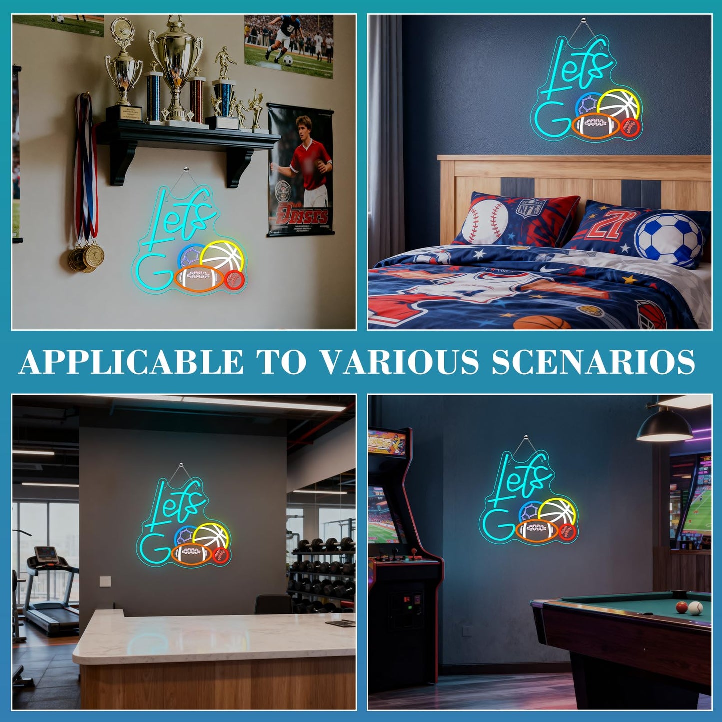 Sports Neon Sign Let's Go Basketball LED Light 4 Balls Combination Sign Light Up Baseball Wall Decor for Gym Themed Party Lighted Football Gifts for Sports Lover