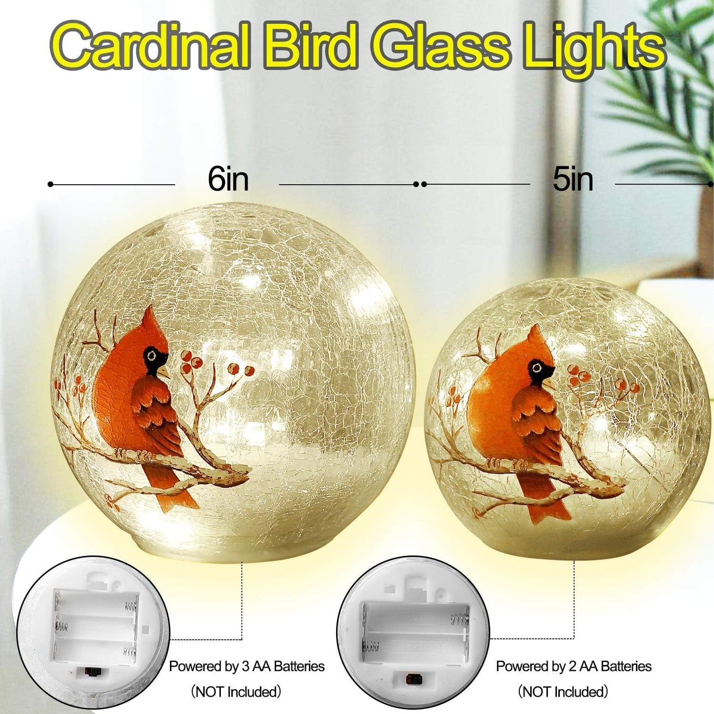 Crackle Glass Ball Cardinal Lamp with Timer, Light Up Red Cardinal Stained Glass Christmas Decor Accent Lamp, Lighted Red Bird Globe Glass Table Lamp, Orb Cardinal Night Light 2 Pack (6in & 5 in)