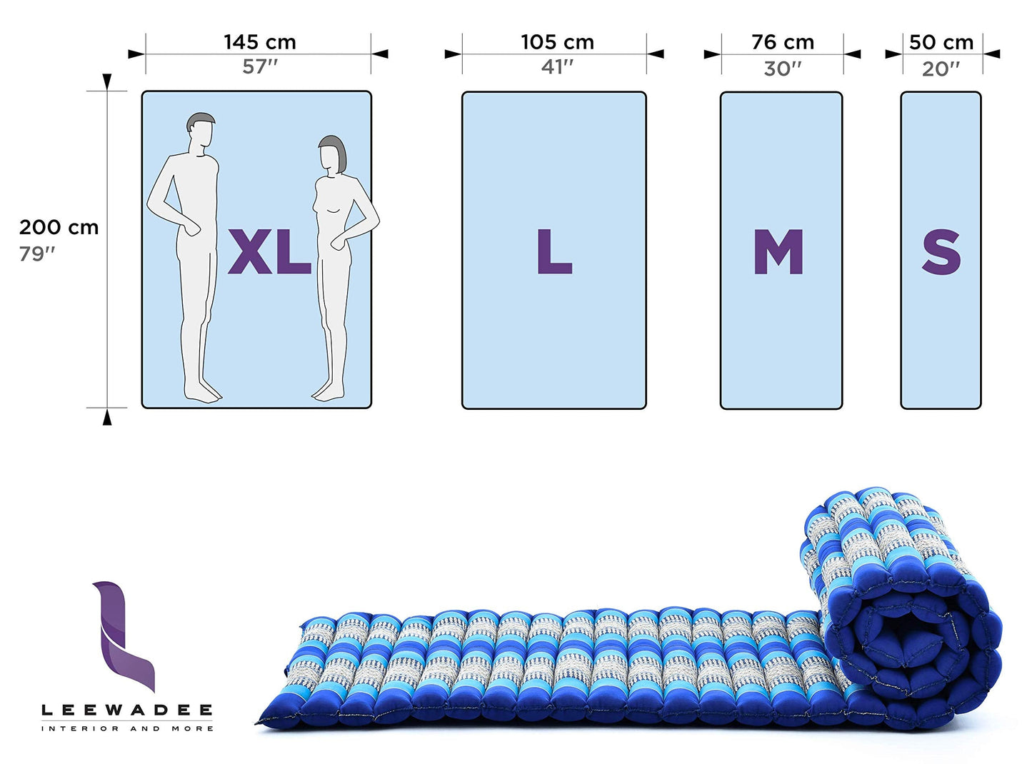 Leewadee - Foldable Floor Mattress - Japanese Roll Up Futon -Trifold Tatami Mat- Guest Floor Bed - Camping Mattress - Thai Massage Mat, Kapok Filled, 75 x 57 inches, Light Blue