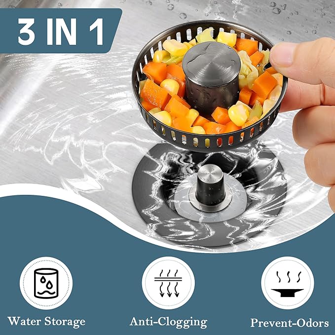 Kitchen Sink Drain Strainer 3 in 1, 304 Stainless Steel Pop Up Sink Stopper