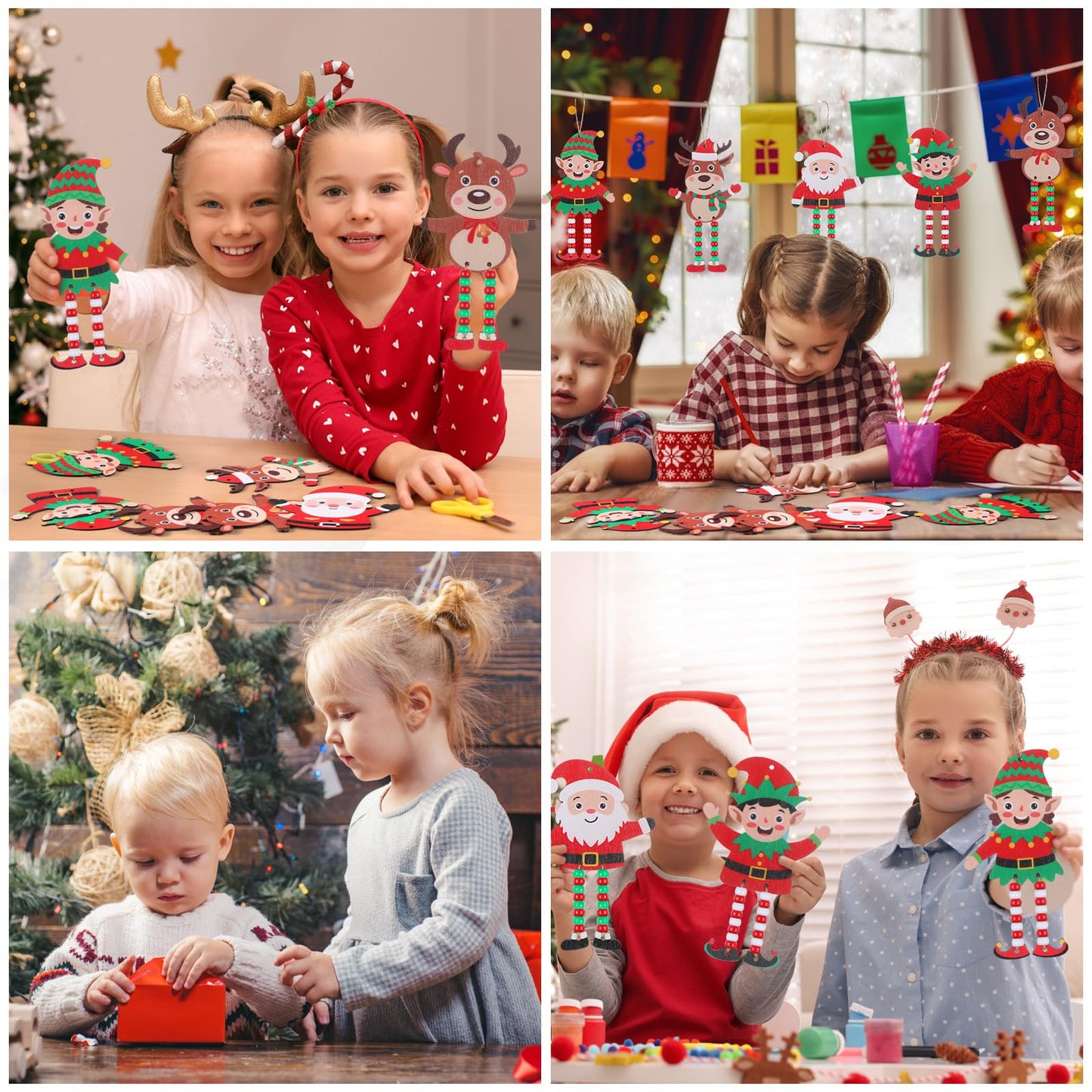 Cinnvoice 24 Sets Christmas Sign Craft Kits for Kids Winter Wooden Crafts with Beads Santa Claus Reindeer Elf Ornament Christmas DIY Craft Art Sets for Holiday Party Favors Classroom Activities Decor