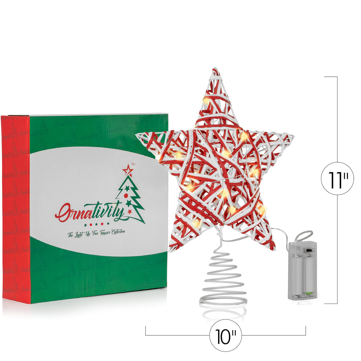 Ornativity Christmas Star Rattan Tree Topper – Red and White Xmas Holiday Decor Rustic LED Lights Light Up Tree Top Topper Ornament Decoration 12"