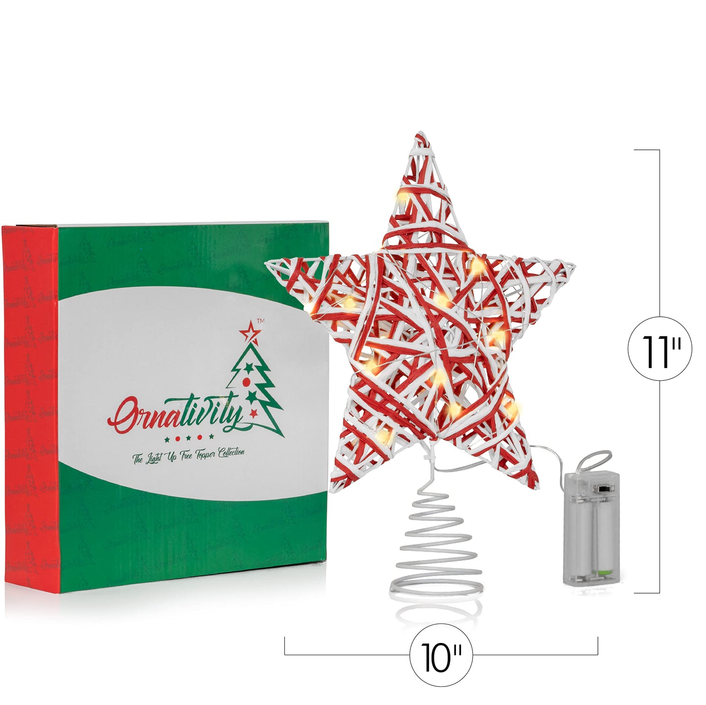Ornativity Christmas Star Rattan Tree Topper – Red and White Xmas Holiday Decor Rustic LED Lights Light Up Tree Top Topper Ornament Decoration 12"