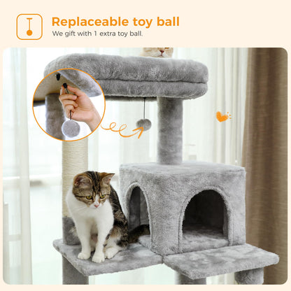 PAWZ Road 143cm Cat Tree for Indoor Cats with Metal Frame Large Hammock, 56.3 Inches Big Cat Tower with Scratching Posts and Top Perch, 4.7ft Multi-Level Activity Center with Replaceable Pompon, Grey