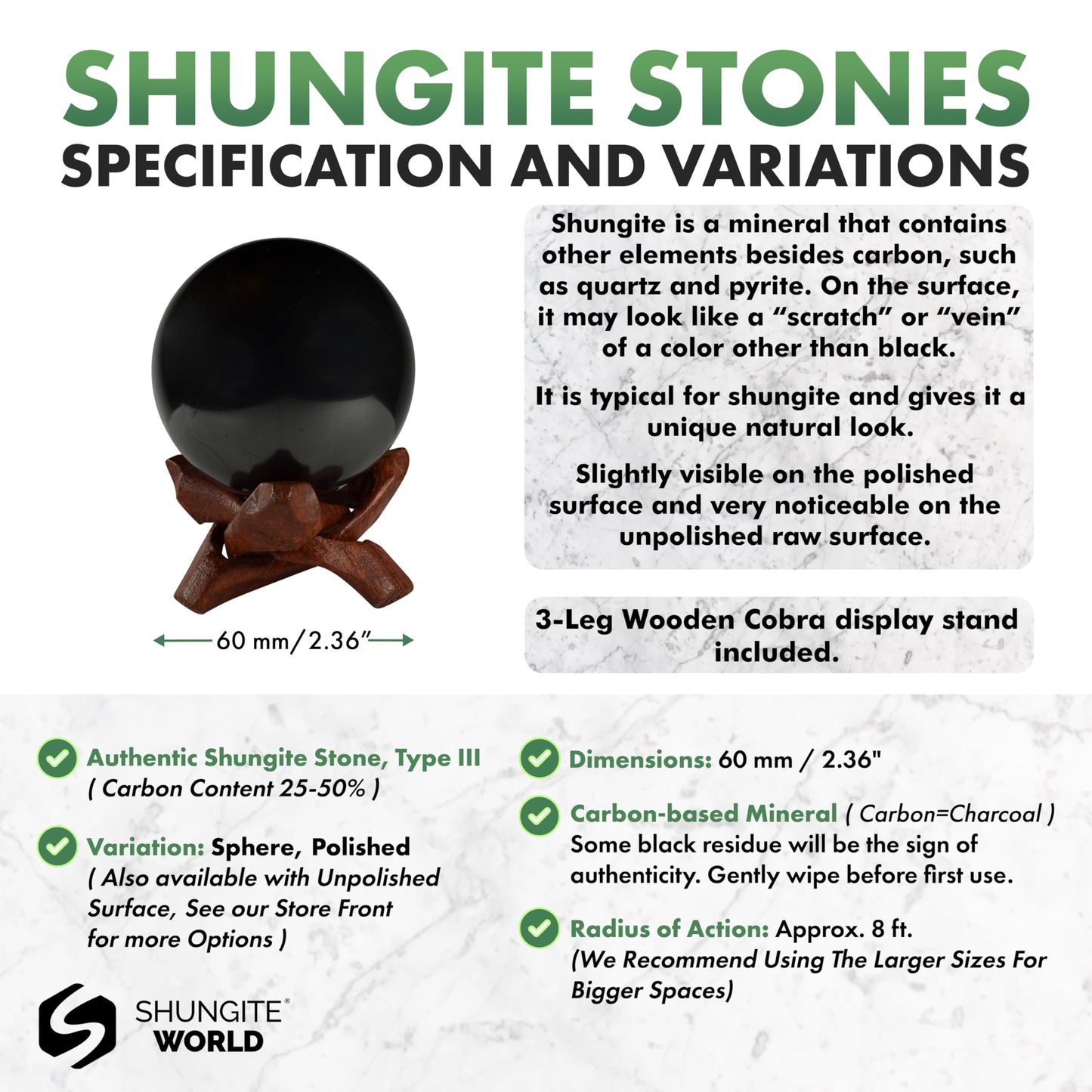 Shungite World Authentic Shungite Stone Sphere Polished 60 mm / 2.36 with Stand, Natural Real Feng Shui Meditation Healing Crystal Decorative Ball Home Protection Grounding Black Orb Décor