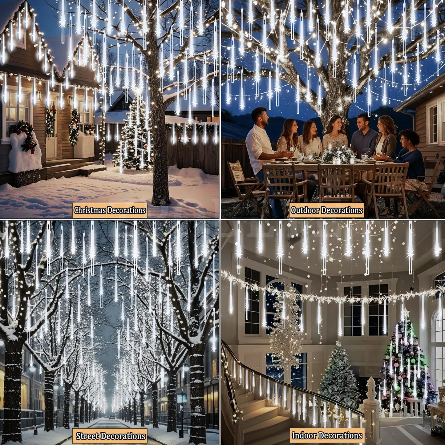 Meteor Shower Lights Outdoor Christmas Lights 24-Tube 576LEDs Snow Falling Rain Cascading Icicle String Light for Xmas Tree Christmas Decorations Wedding Party Holiday Yard Garden Decor, UL Plug White