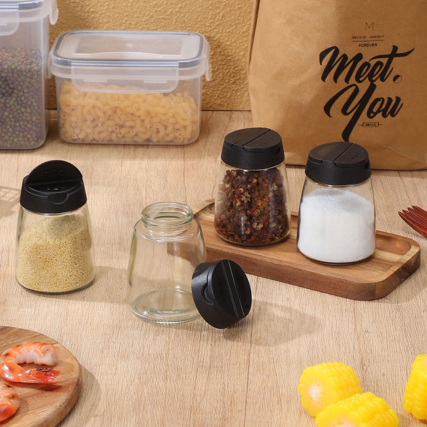 Sewroro 4Pcs Glass Seasoning Jar Set with Double Screw-on Lids Salt Pepper Shakers Condiment Containers for Kitchen Cooking and Outdoor Bbq 2.55X2.55X3.34In