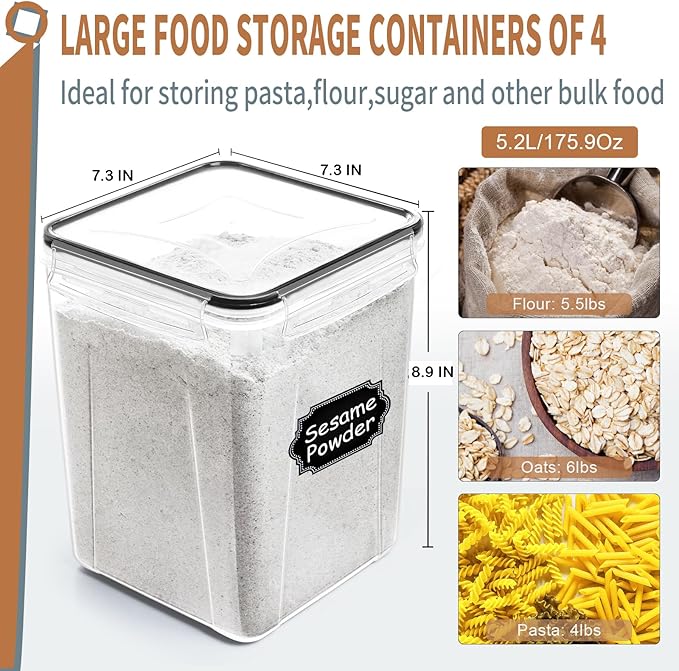 PRAKI Large Airtight Food Storage Containers 5.2L / 195oz, Baking Supplies