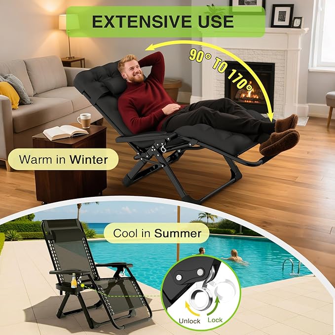 Suteck Zero Gravity Chair Set of 2, Reclining Camping Lounge Chair w/Removable Cushion, Upgraded Lock and Cup Holder, Reclining Patio Chairs Folding Recliner for Indoor and Outdoor