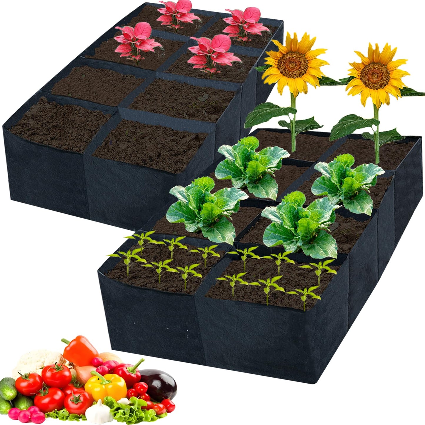 2 Pack Fabric Raised Garden Beds,128 Gallon 8 Grids Thickened Rectangle Plant Grow Bags,Reusable Outdoor Gardening Planting Container Planter Pot for Growing Herbs Flower Gardening Vegetables Chillies