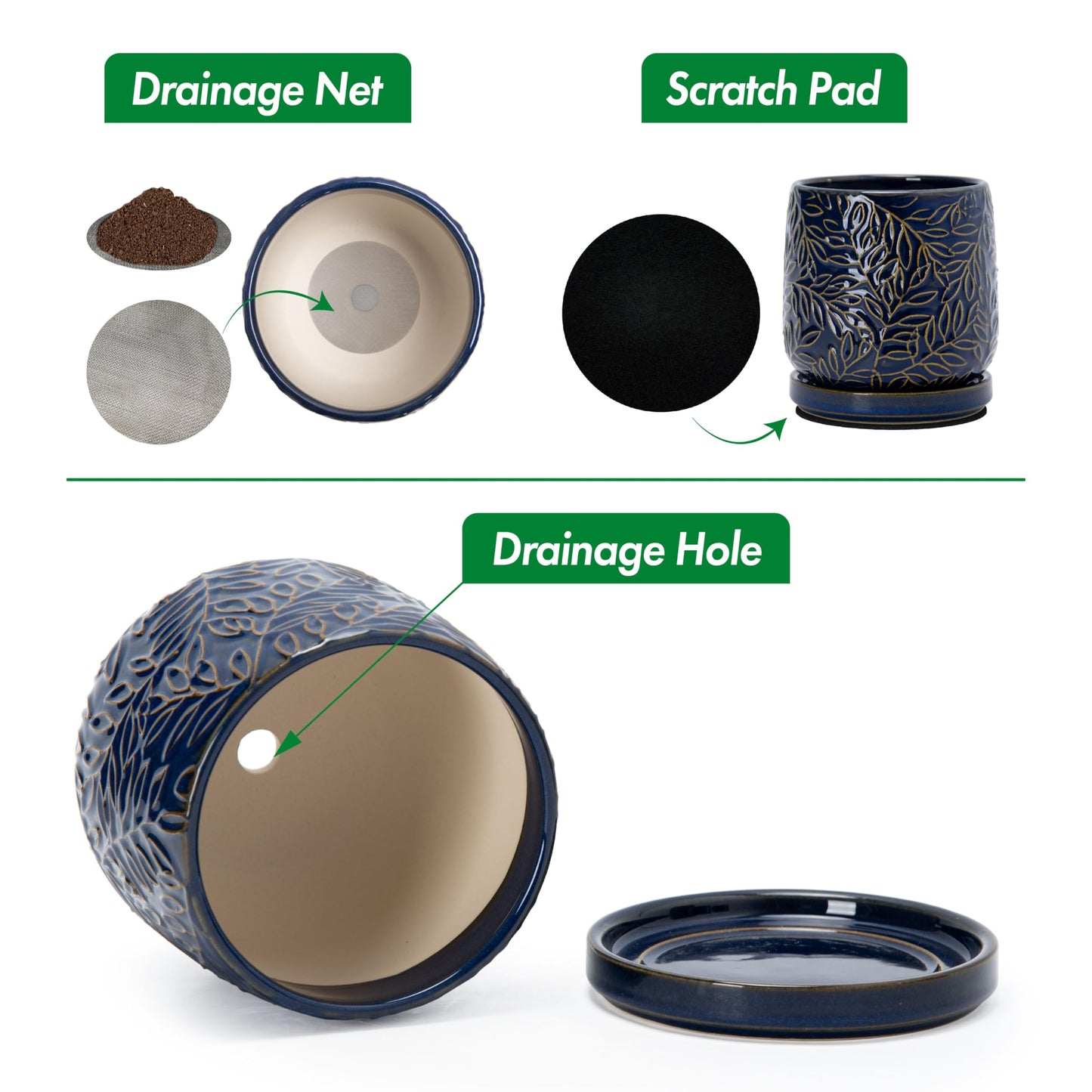 D'vine Dev 4 Inch Embossed Leaves Stoneware Planter Pot with Drainage Hole and Saucer, Midnight Blue, Set of 2, 27-F-Z-3