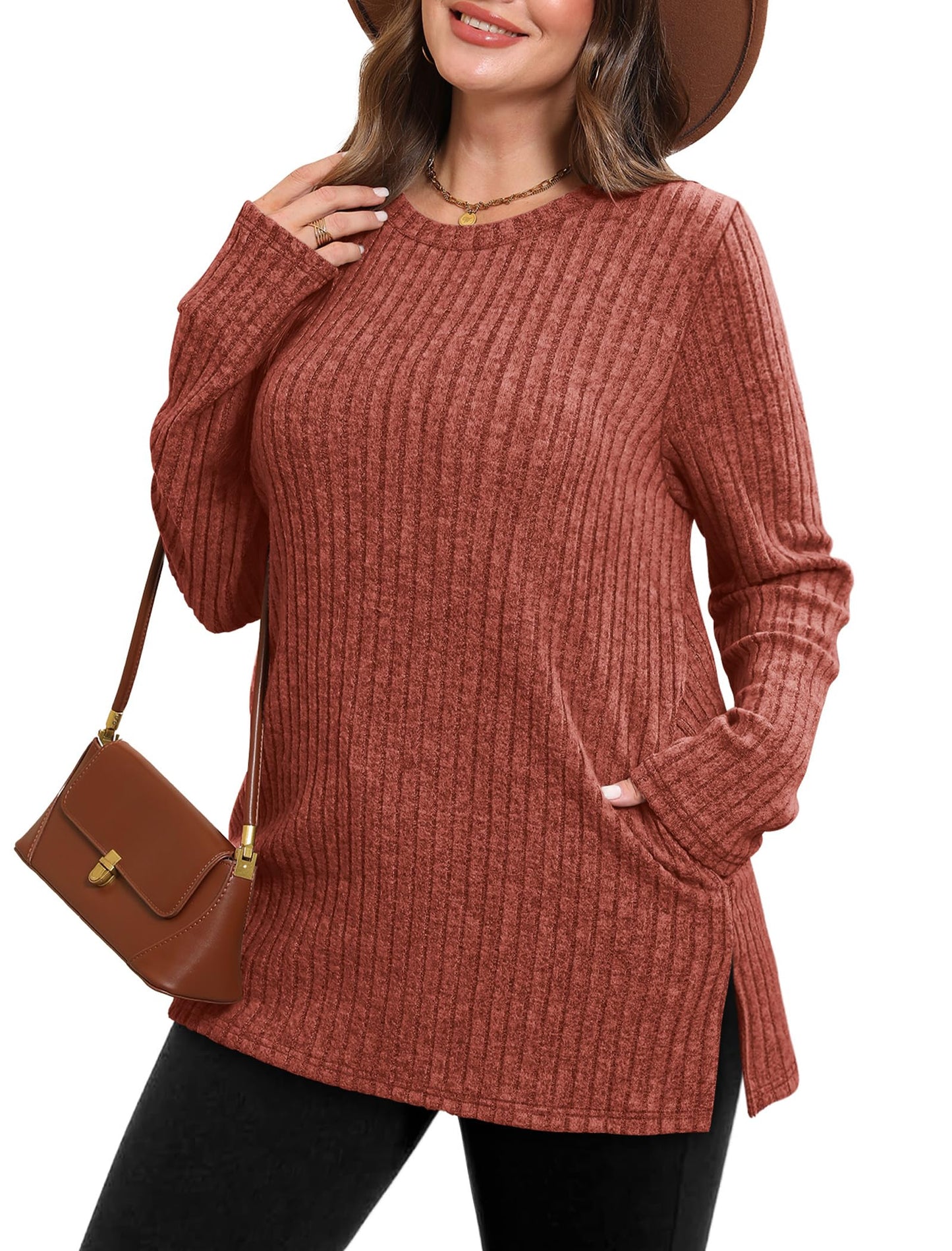 SAMPEEL Womens Sweaters Crewneck Long Sleeve Shirts with Pockets Fall Outfits 2025 Fashion Winter Clothing Side Slit