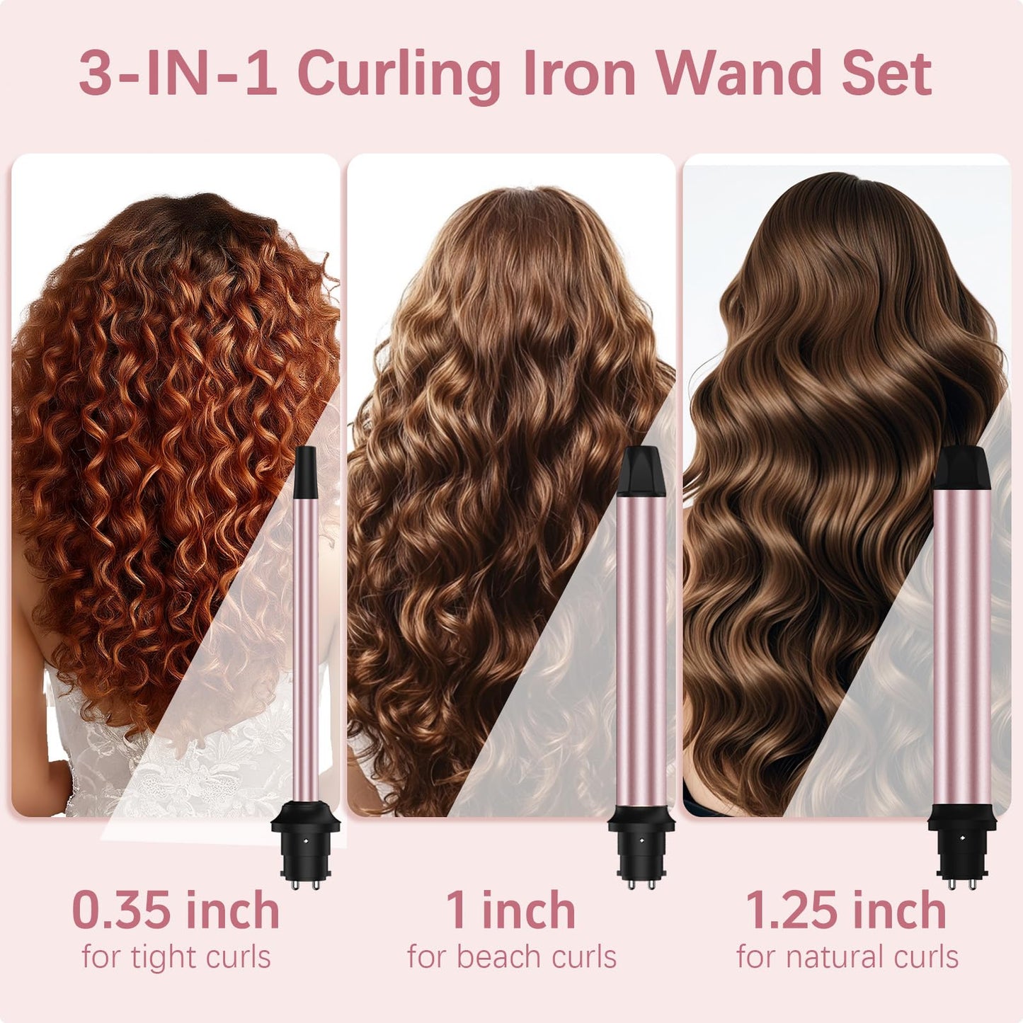 3 in 1 Curling Iron, Curling Wand Set with 3 Interchangable Ceramic Beach Waves Wands(0.75"-1.25"), Dual Voltage 30s Fast Heating with Heat Resistant Glove & 2 Clip for Long/Short All Hairstyle