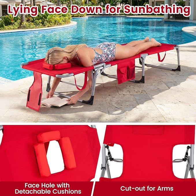 Goplus Tanning Chair, Folding Adjustable Patio Lounger w/Face Arm Holes