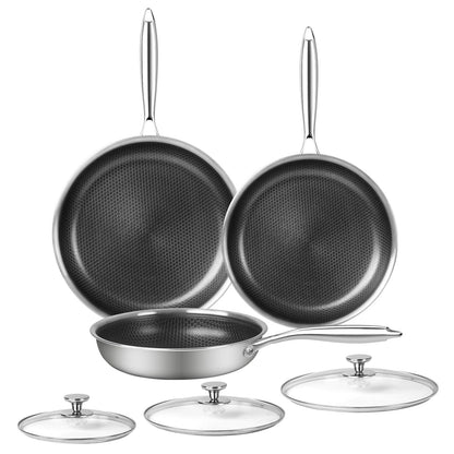 Innerwell 6 Piece Stainless Steel Frying Pan Set with Lids Cookware Set Nonstick Honeycomb Frying Pan Set 3pcs W/Stay Cool Handle Skillet Works Pan for Cooking with Induction Gas Stovetops