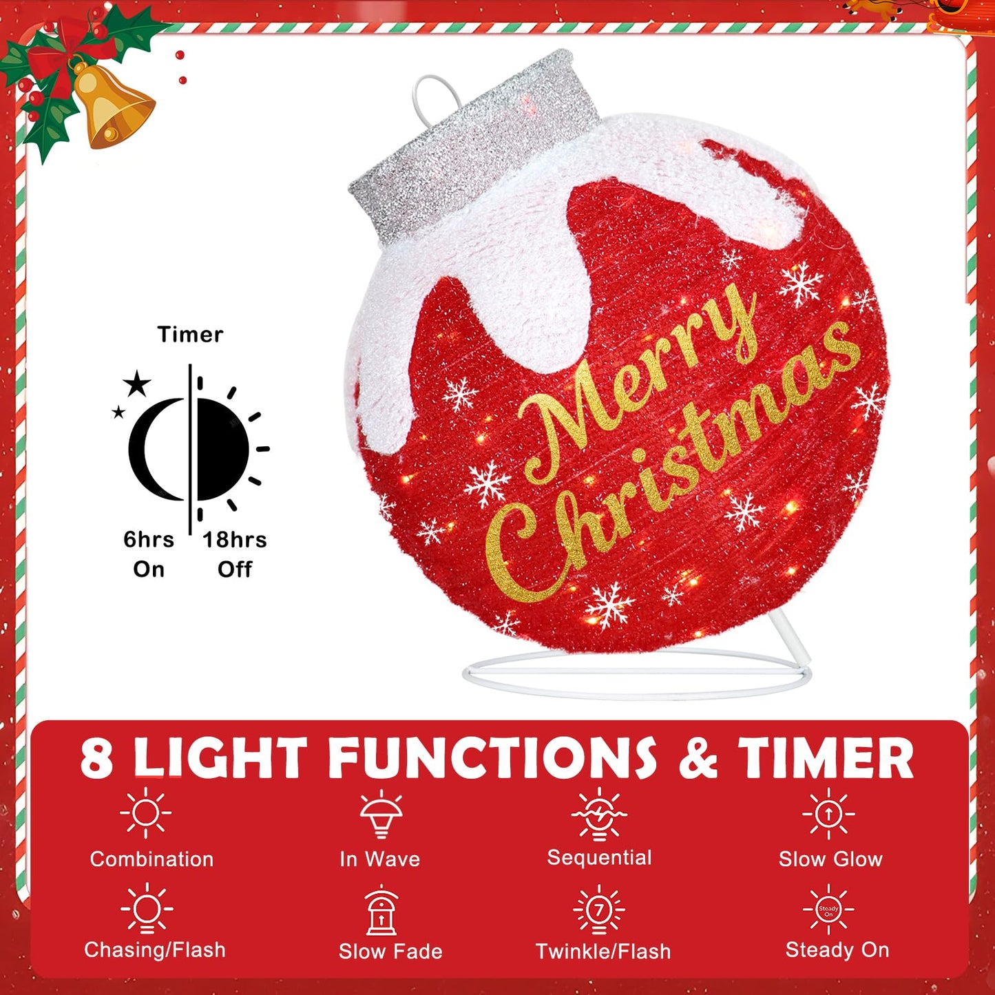 Outdoor Christmas Ball Ornaments, Collapsible Pop-Up Lighted Christmas Decorations with 80 Bright LED Lights, 8 Light Modes, Weatherproof Pre Lit Large Holiday Ball Decor for Yard, Lawn, Home（Red）