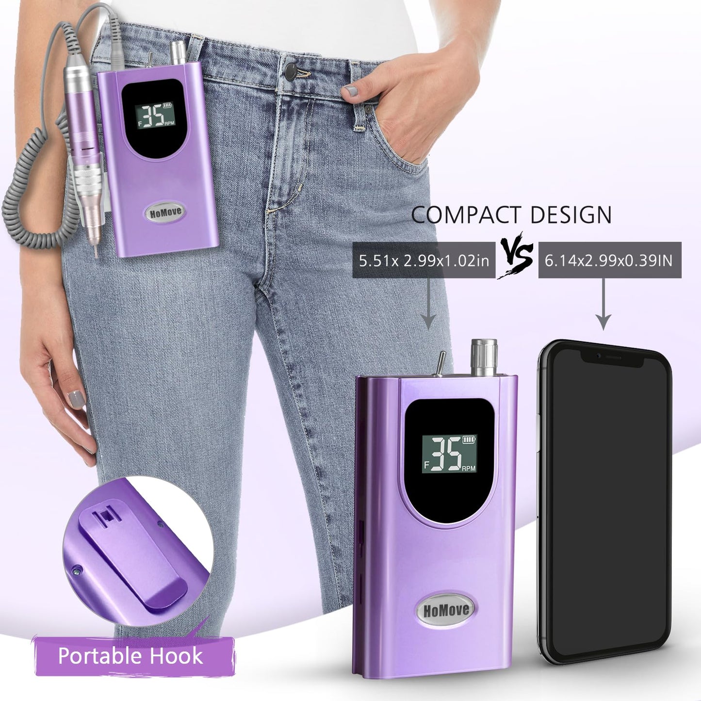 35000RPM Portable Nail Drill Machine, HoMove Professional Nail Drill Machine, Rechargeable Electric Efile Nail Drills for Acrylic Gel Nails, Cordless Portable Nails Drill【Rose Gold】