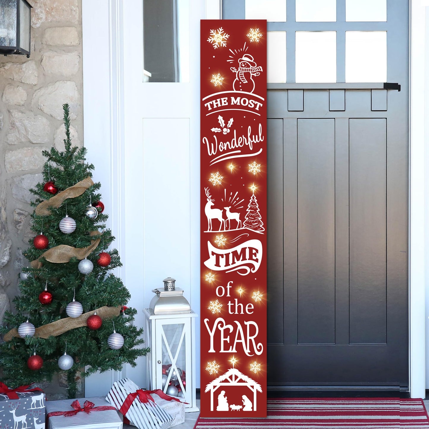 Lighted Wooden Welcome Sign, Merry Christmas Snowflake Elk Porch Sign for Front Door Decorations, Rustic Farmhouse Red Xmas Hanging Signs Wall Sign for Christmas Happy New Year Decor 47.2"H