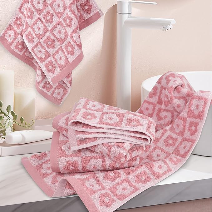Jacquotha Cotton Hand Towels Pink Checkered Floral