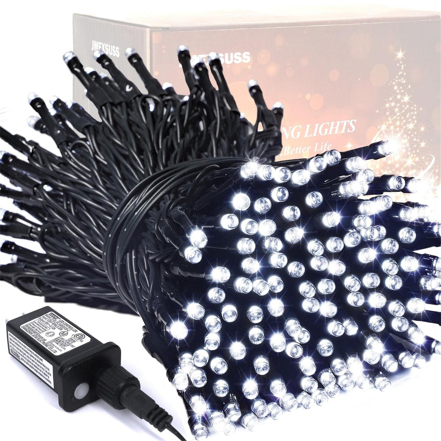 JMEXSUSS 200 LED White Christmas Lights Outdoor, 66ft Christmas Tree Lights Green Wire, 8 Modes Waterproof Twinkle String Lights Plug in for Xmas Wedding Party Indoor Decoration