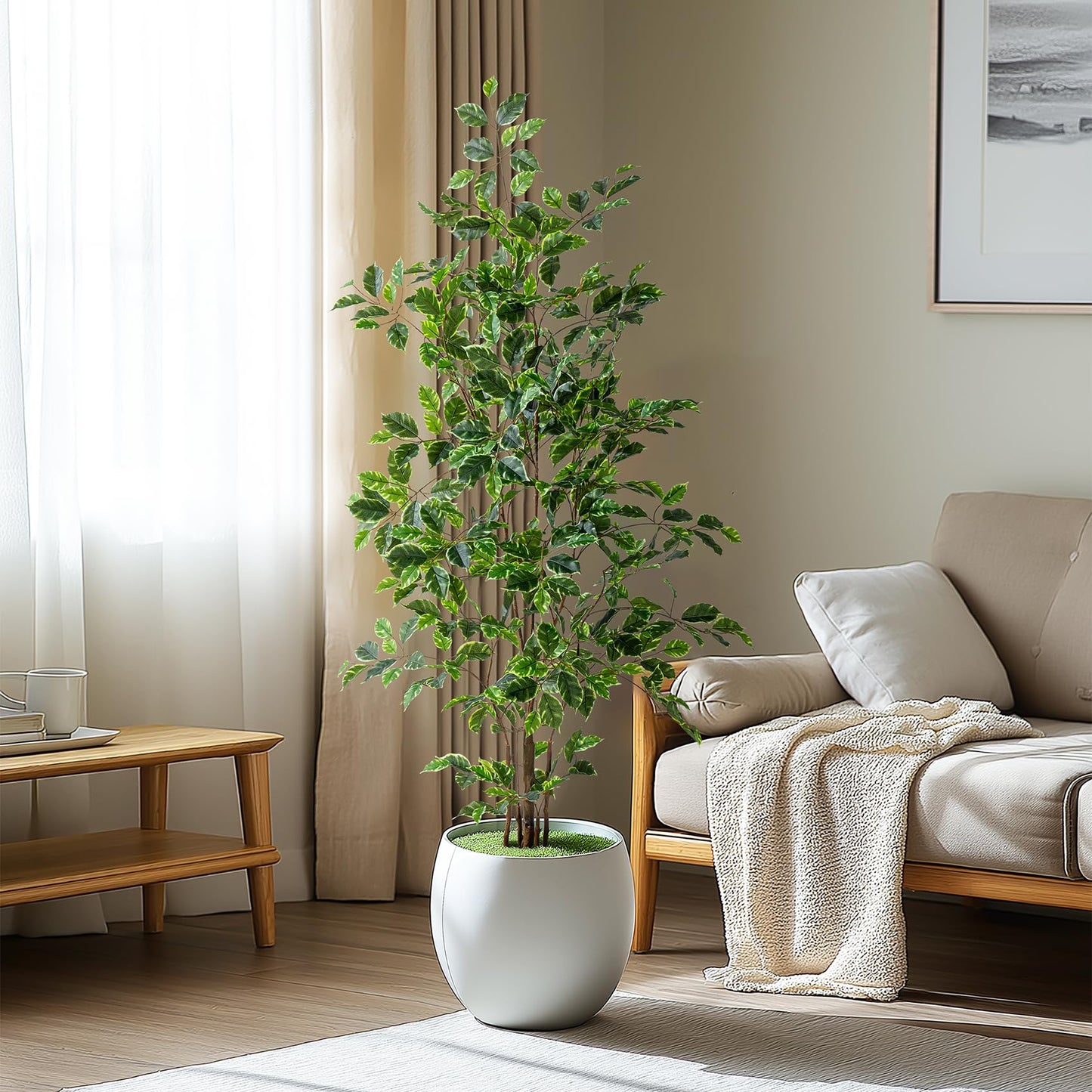 Bailikang Artificial Ficus Tree Indoor 5ft, Large Potted Faux Tree with Realistic Silk Leaves & Trunk for Home Office, Living Room Corner Decor