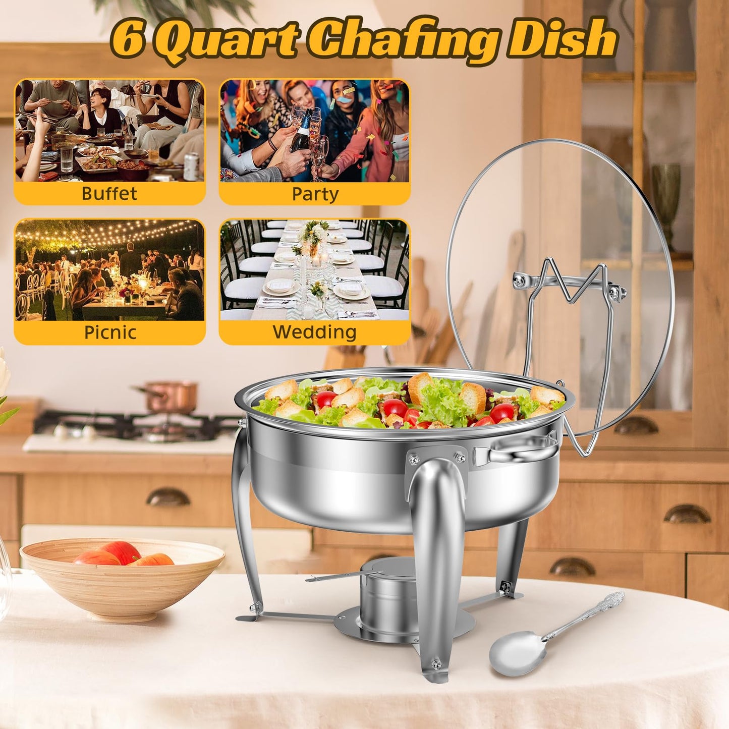 BriSunshine 6 QT Chafing Dish Buffet Set with Serving Spoons, 2 Packs Stainless Steel Round Chafing Dishes with Glass Lid & Lid Holder, Food Warmers for Parties Buffet Weddings Catering Events