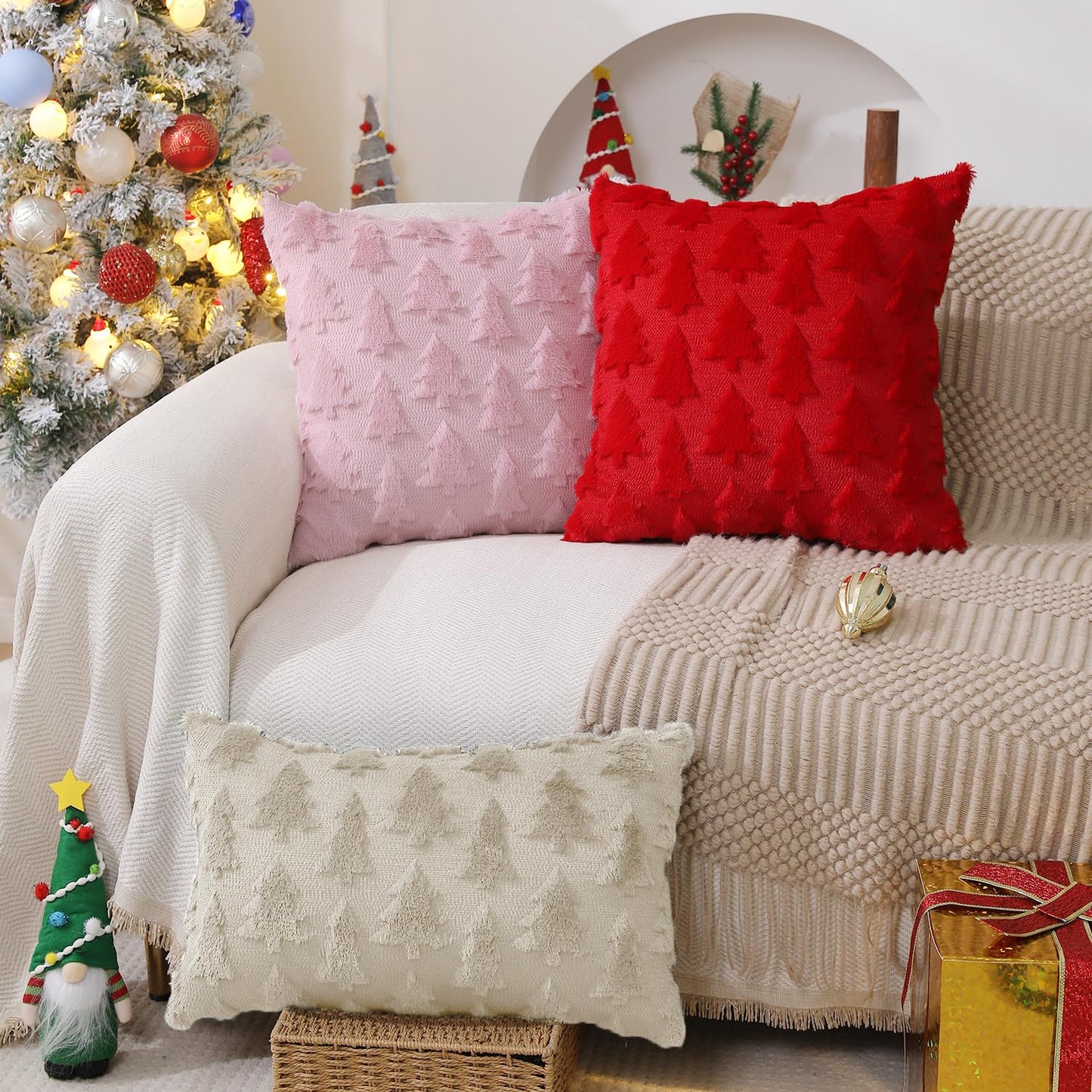 DFXSZ Christmas Tree Pillow Covers 12x20 inch Set of 2 Christmas Decoration Beige Soft Plush Faux Fur Jacquard Throw Pillows for Bedroom Sofa Holiday Festivals Winter Home Decor PTK006C12